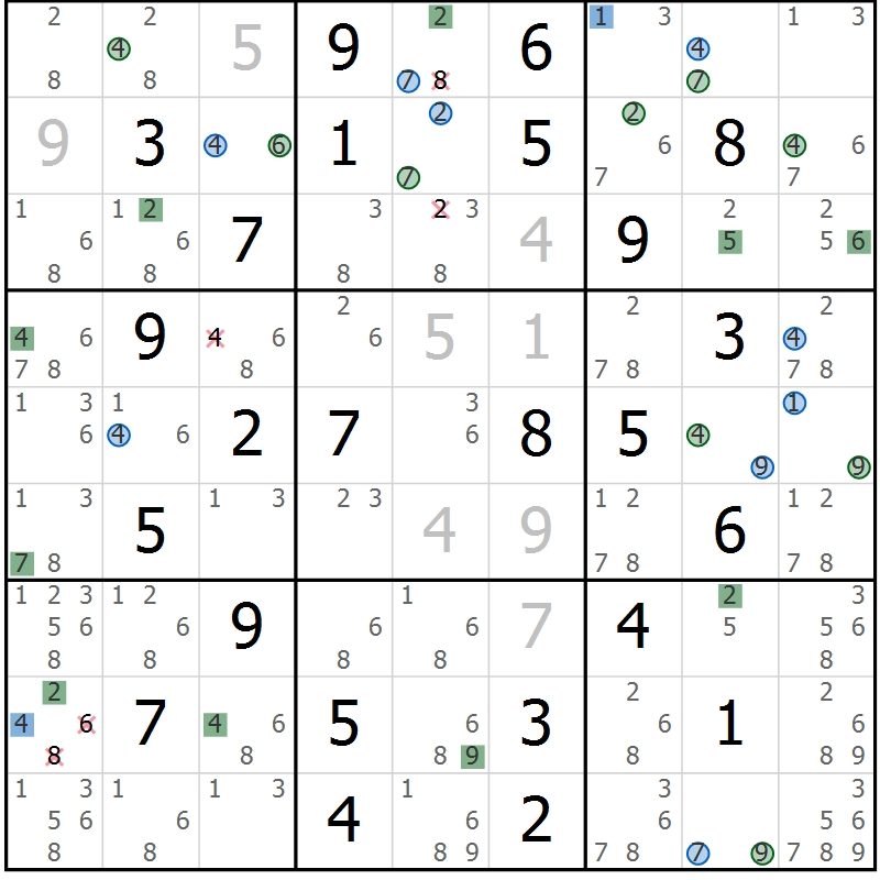 Position des candidats pour la solution de la Gr 43 page 46 du magazine de sudoku Suprême n° 030