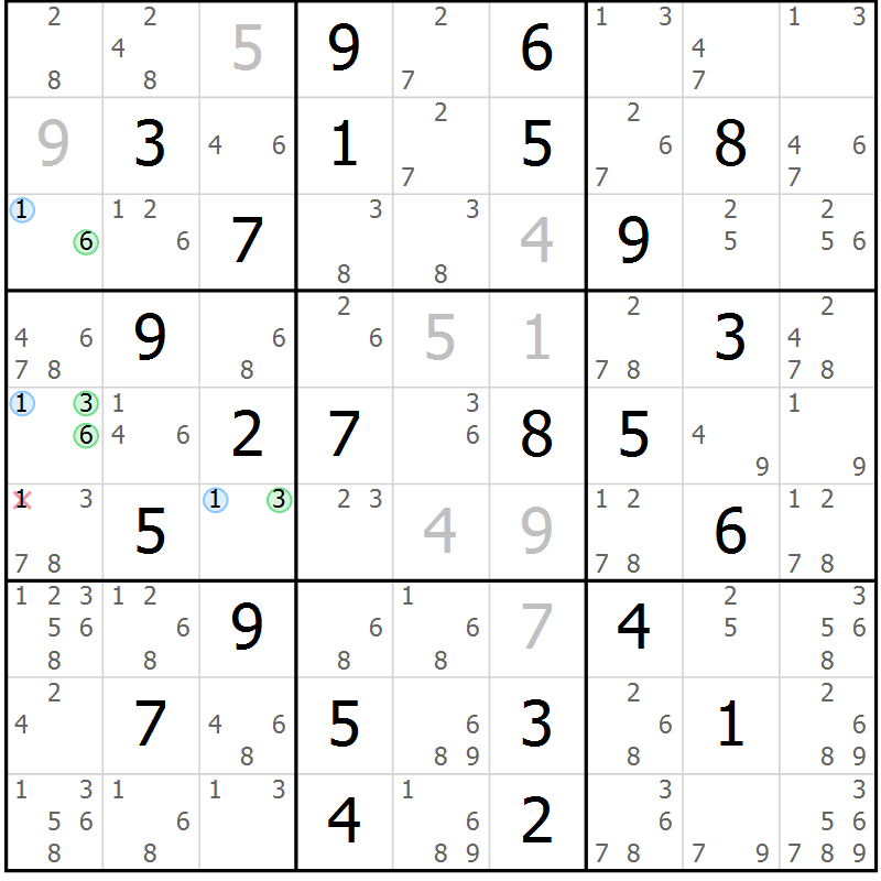 Position des candidats pour la solution de la Gr 43 page 46 du magazine de sudoku Suprême n° 030