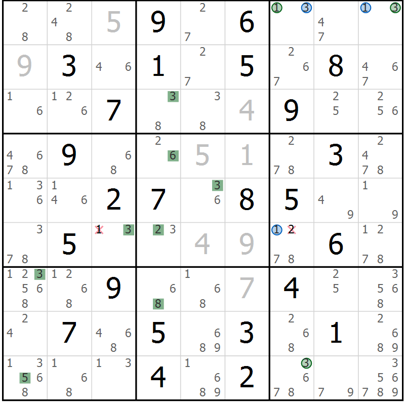 Position des candidats pour la solution de la Gr 43 page 46 du magazine de sudoku Suprême n° 030