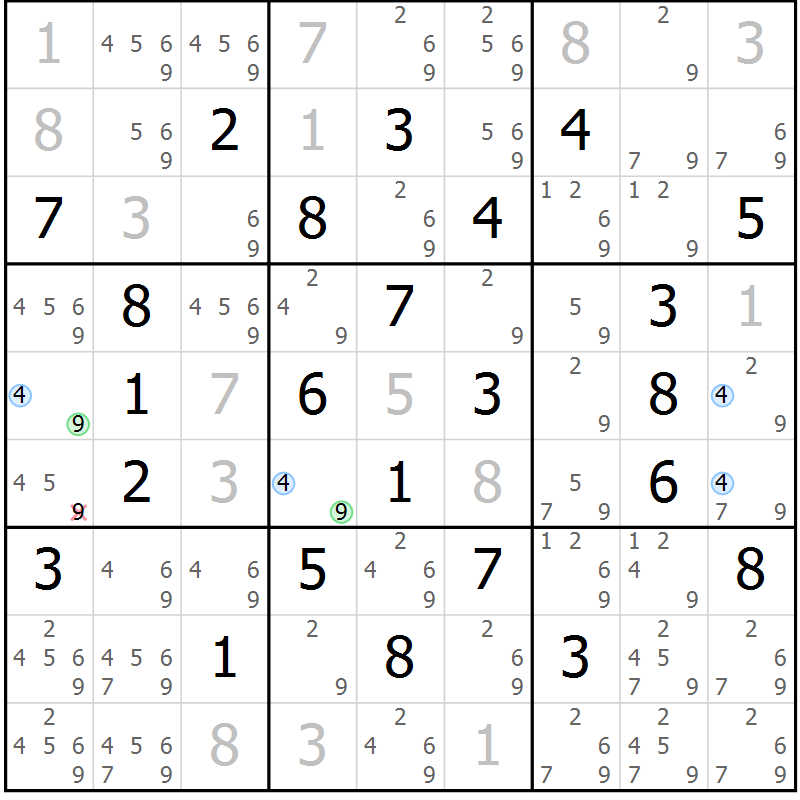 Position des candidats pour la solution de la Gr 45 page 48 du magazine de sudoku Suprême n° 030