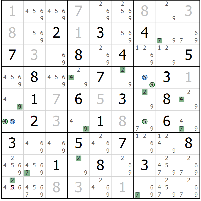 Position des candidats pour la solution de la Gr 45 page 48 du magazine de sudoku Suprême n° 030