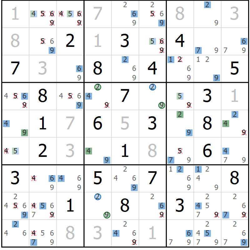 Position des candidats pour la solution de la Gr 45 page 48 du magazine de sudoku Suprême n° 030