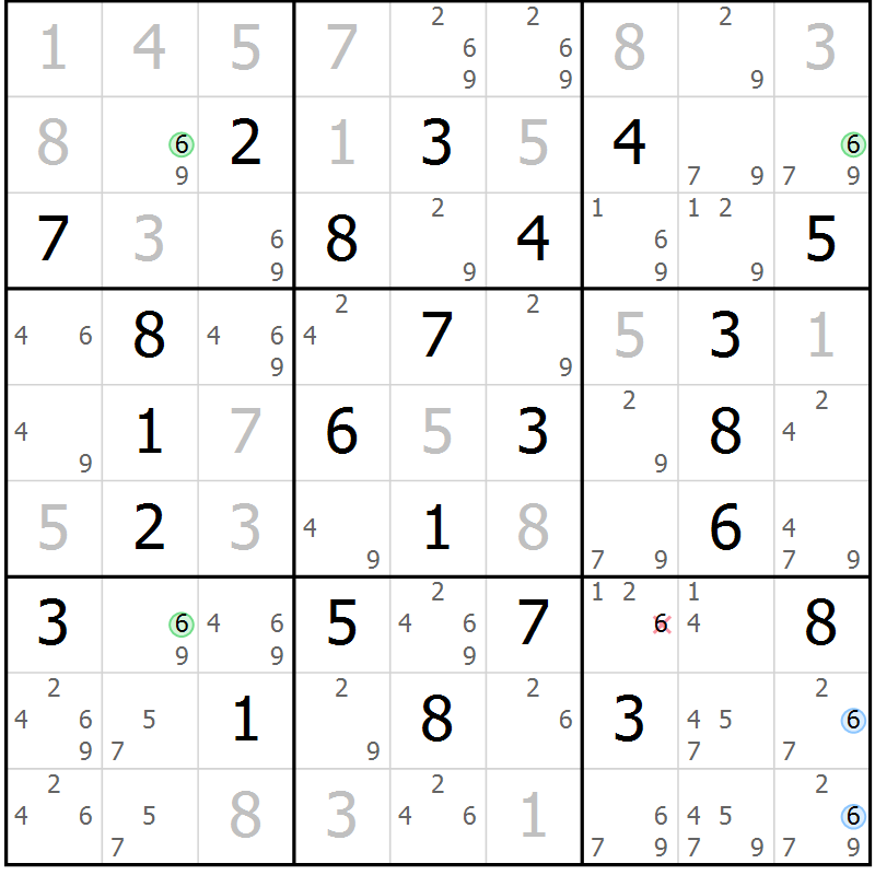 Position des candidats pour la solution de la Gr 45 page 48 du magazine de sudoku Suprême n° 030