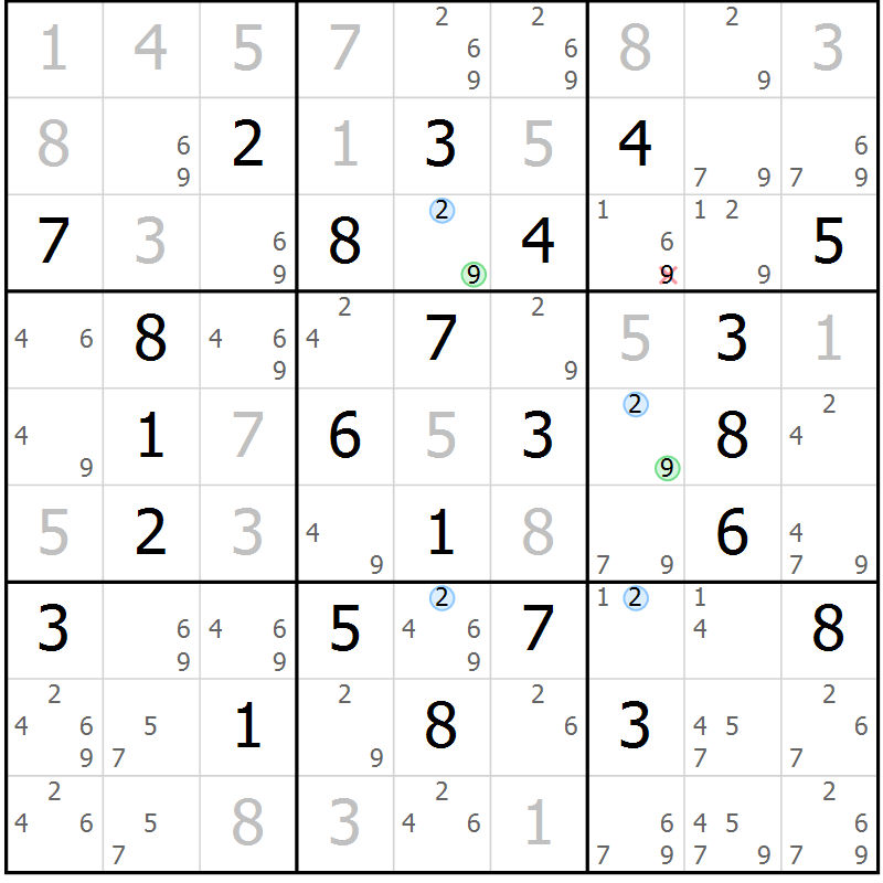 Position des candidats pour la solution de la Gr 45 page 48 du magazine de sudoku Suprême n° 030