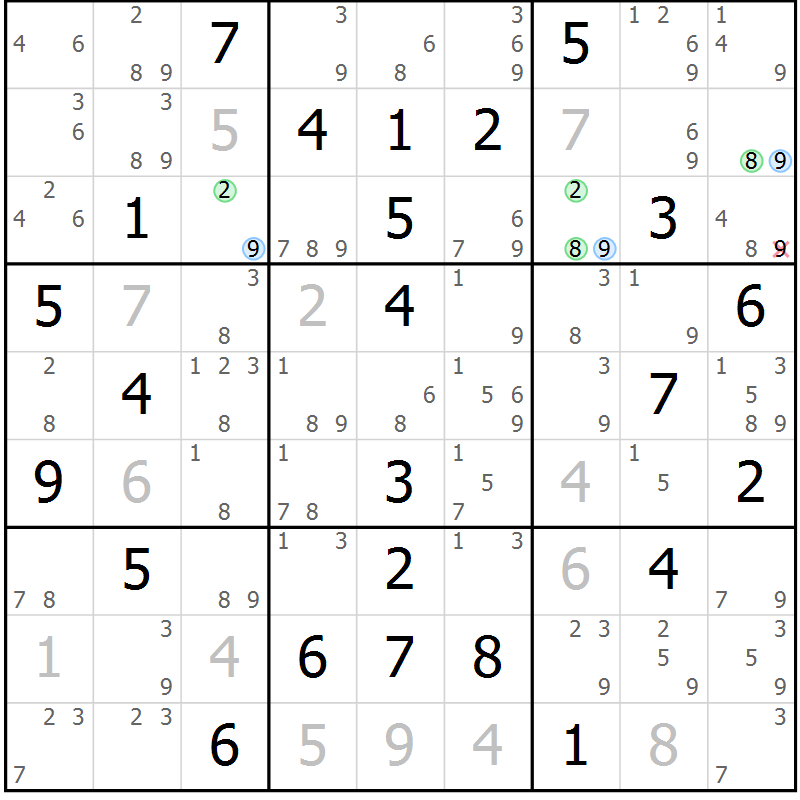 Position des candidats pour la solution de la Gr 49 page 52 du magazine de sudoku Suprême n° 030