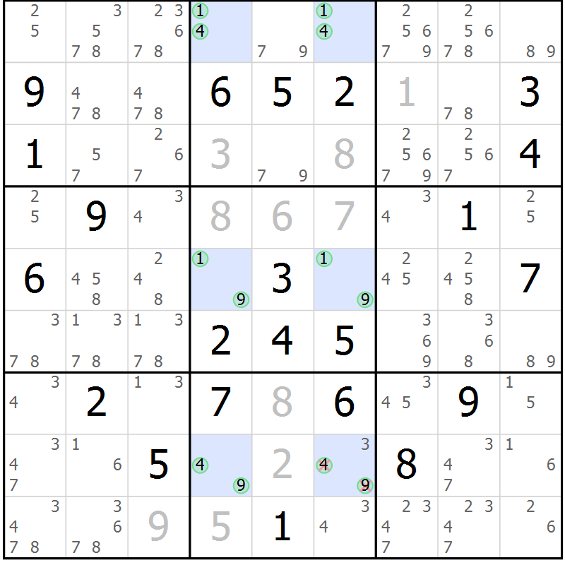 Position des candidats pour la solution de la Gr 5 page 8 du magazine de sudoku Suprême n° 030