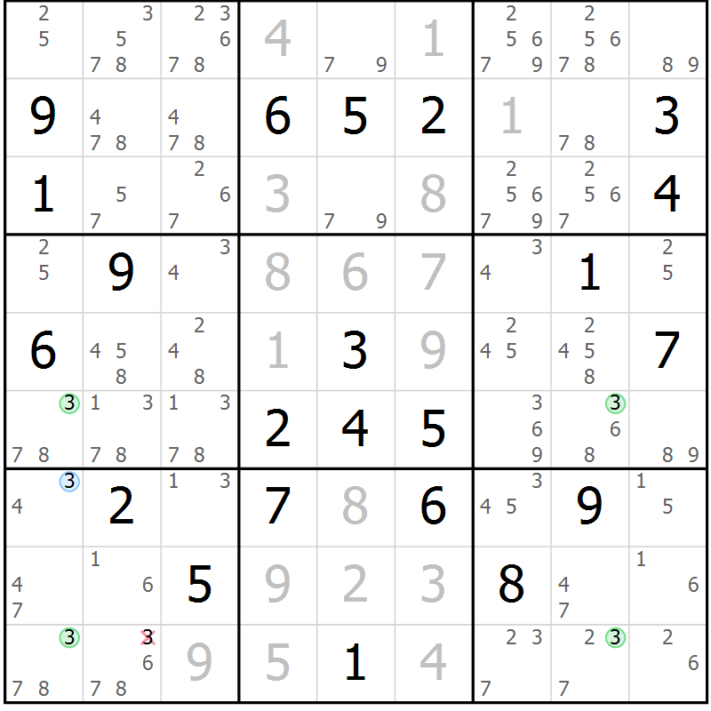 Position des candidats pour la solution de la Gr 5 page 8 du magazine de sudoku Suprême n° 030