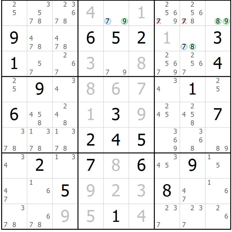 Position des candidats pour la solution de la Gr 5 page 8 du magazine de sudoku Suprême n° 030
