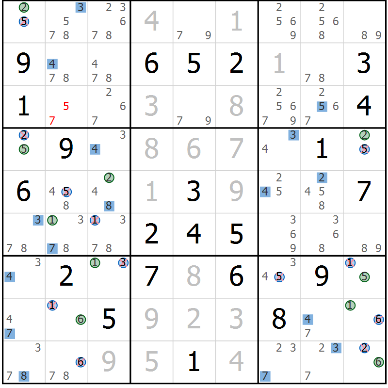 Position des candidats pour la solution de la Gr 5 page 8 du magazine de sudoku Suprême n° 030