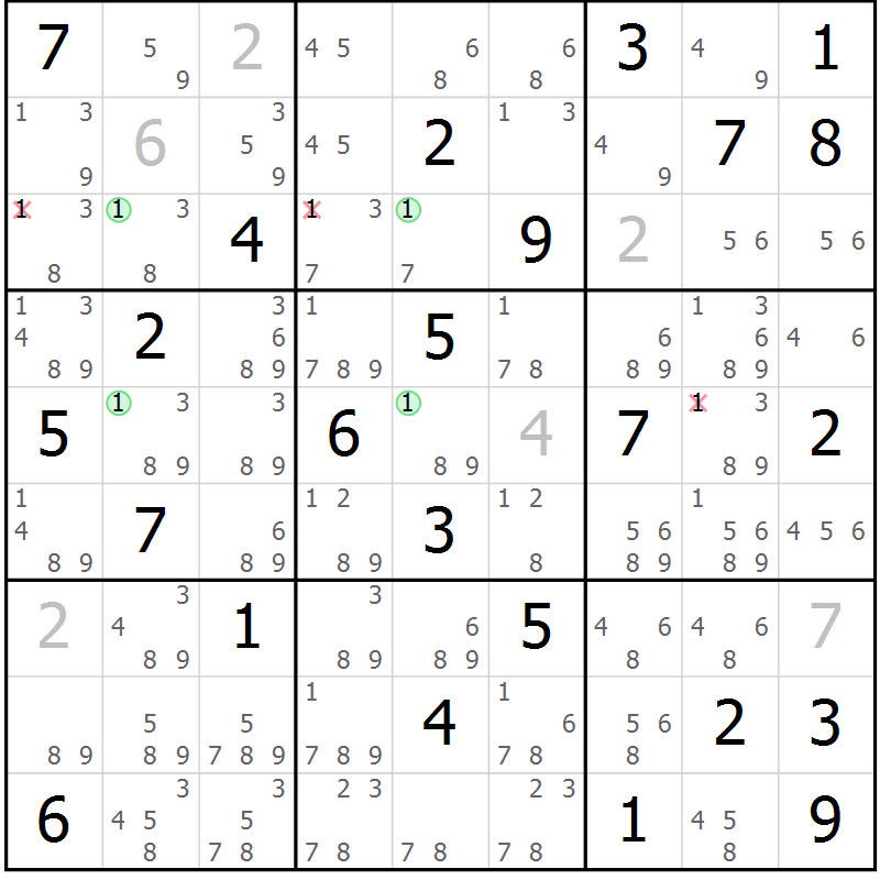 Position des candidats pour la solution de la Gr 50 page 53 du magazine de sudoku Suprême n° 030