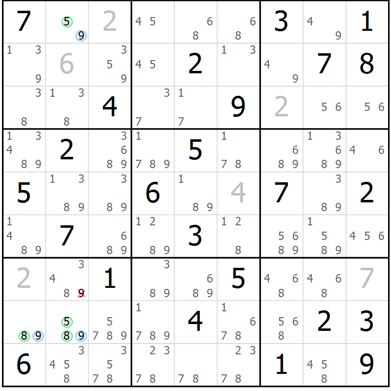 Position des candidats pour la solution de la Gr 50 page 53 du magazine de sudoku Suprême n° 030