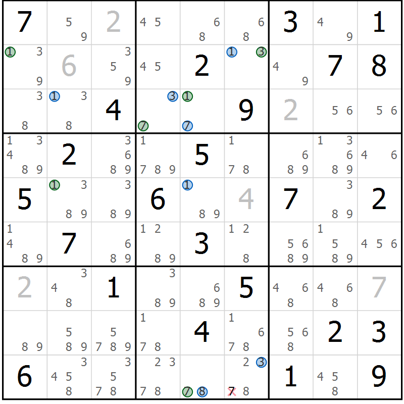 Position des candidats pour la solution de la Gr 50 page 53 du magazine de sudoku Suprême n° 030