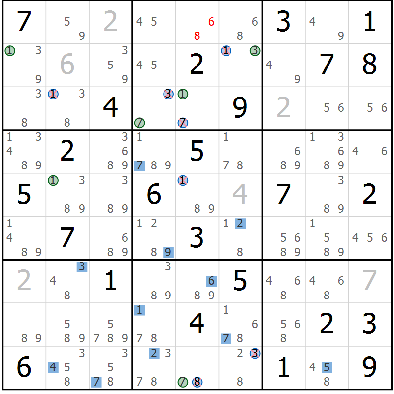 Position des candidats pour la solution de la Gr 50 page 53 du magazine de sudoku Suprême n° 030