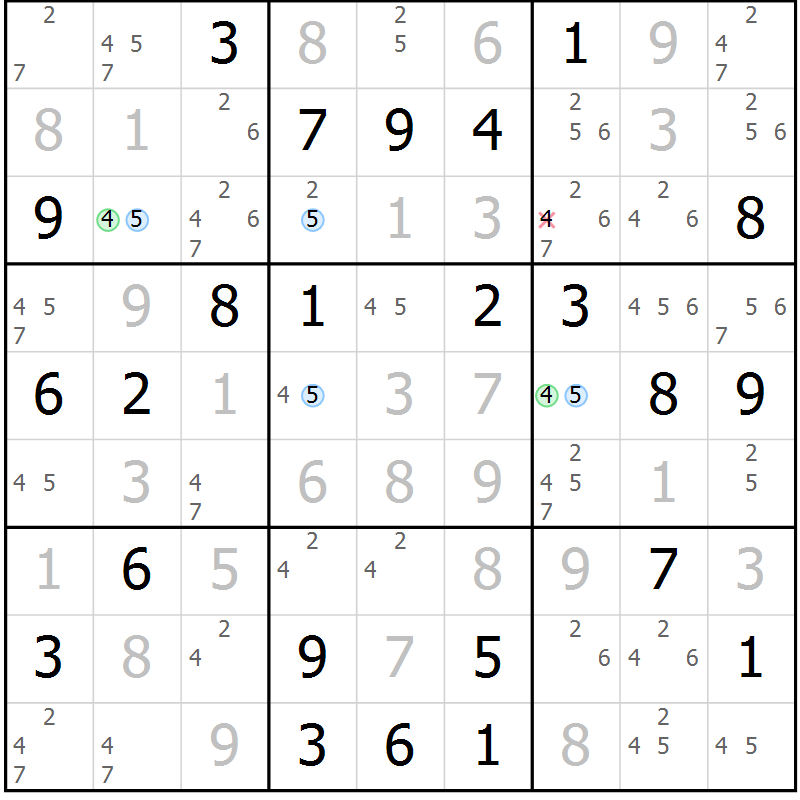 Position des candidats pour la solution de la Gr 52 page 55 du magazine de sudoku Suprême n° 030