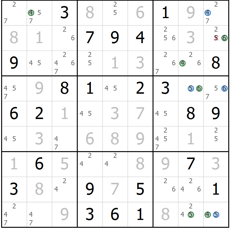 Position des candidats pour la solution de la Gr 52 page 55 du magazine de sudoku Suprême n° 030