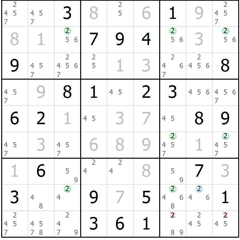 Position des candidats pour la solution de la Gr 52 page 55 du magazine de sudoku Suprême n° 030