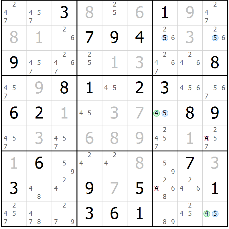 Position des candidats pour la solution de la Gr 52 page 55 du magazine de sudoku Suprême n° 030