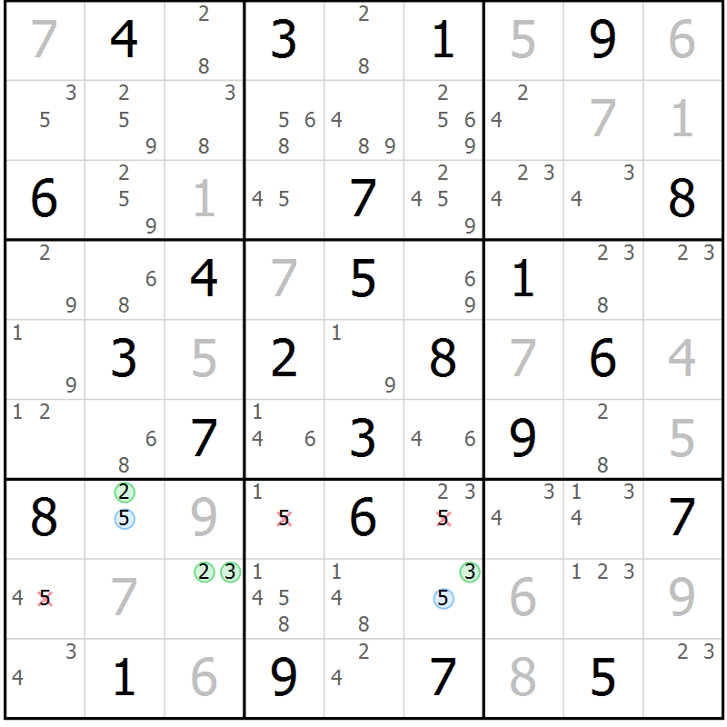 Position des candidats pour la solution de la Gr 54 page 57 du magazine de sudoku Suprême n° 030