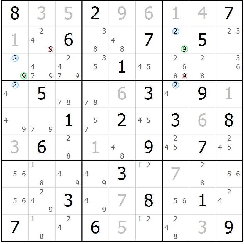 Position des candidats pour la solution de la Gr 55 page 58 du magazine de sudoku Suprême n° 030