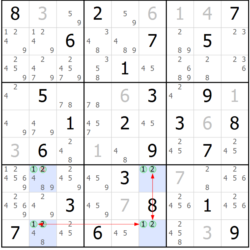 Position des candidats pour la solution de la Gr 55 page 58 du magazine de sudoku Suprême n° 030