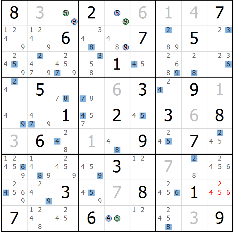 Position des candidats pour la solution de la Gr 55 page 58 du magazine de sudoku Suprême n° 030
