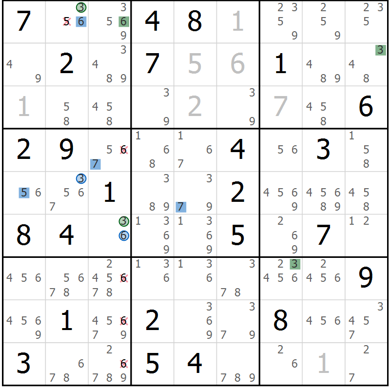Position des candidats pour la solution de la Gr 56 page 59 du magazine de sudoku Suprême n° 030