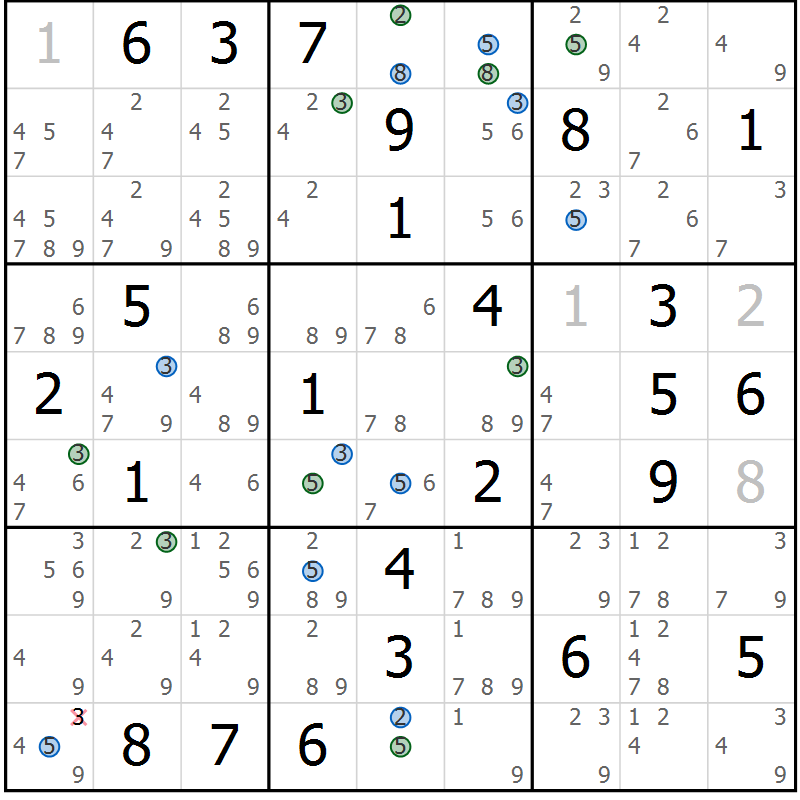 Position des candidats pour la solution de la Gr 57 page 60 du magazine de sudoku Suprême n° 030