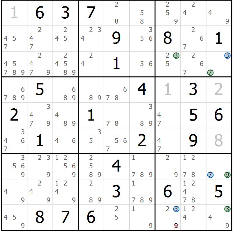 Position des candidats pour la solution de la Gr 57 page 60 du magazine de sudoku Suprême n° 030