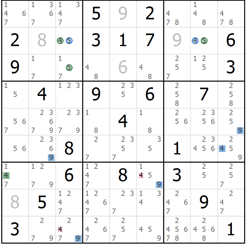 Position des candidats pour la solution de la Gr 58 page 61 du magazine de sudoku Suprême n° 030