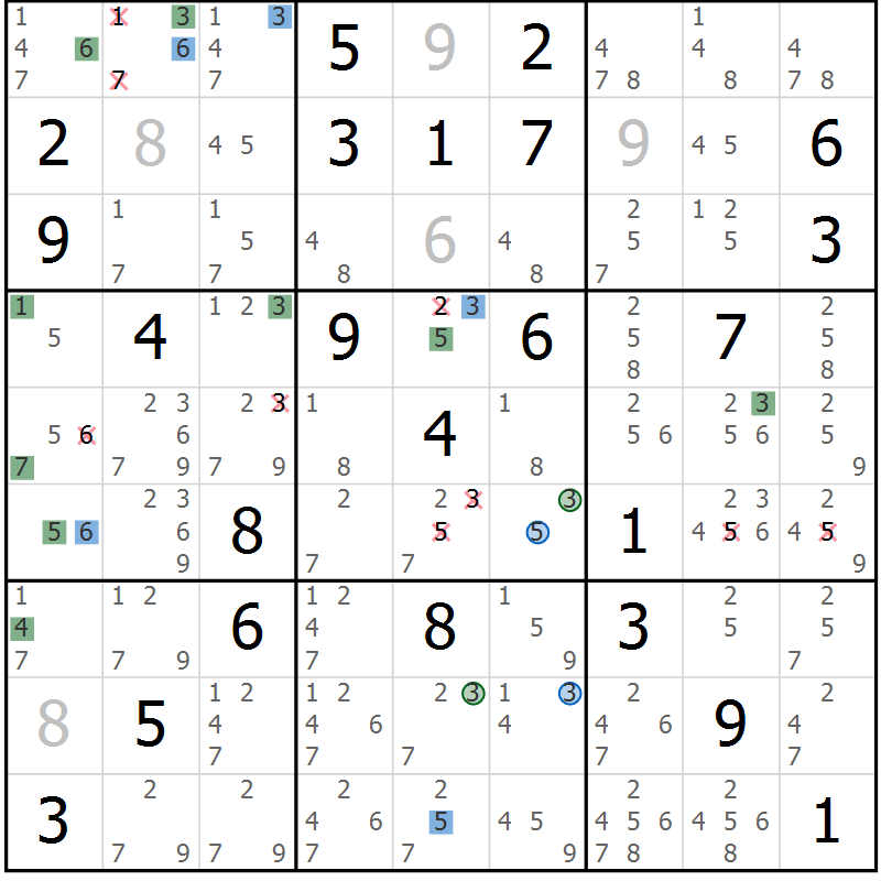 Position des candidats pour la solution de la Gr 58 page 61 du magazine de sudoku Suprême n° 030