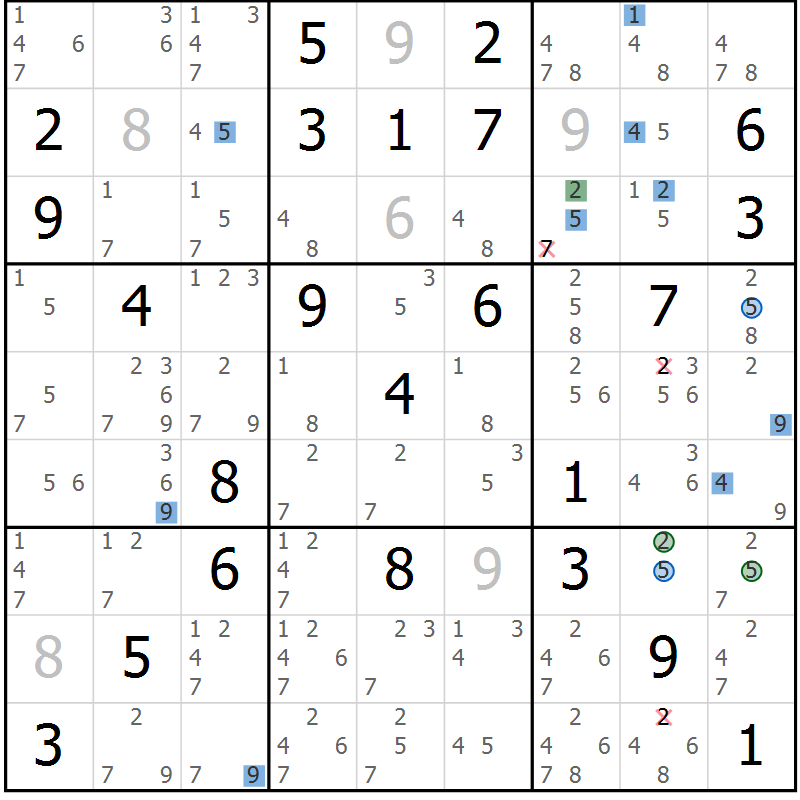 Position des candidats pour la solution de la Gr 58 page 61 du magazine de sudoku Suprême n° 030