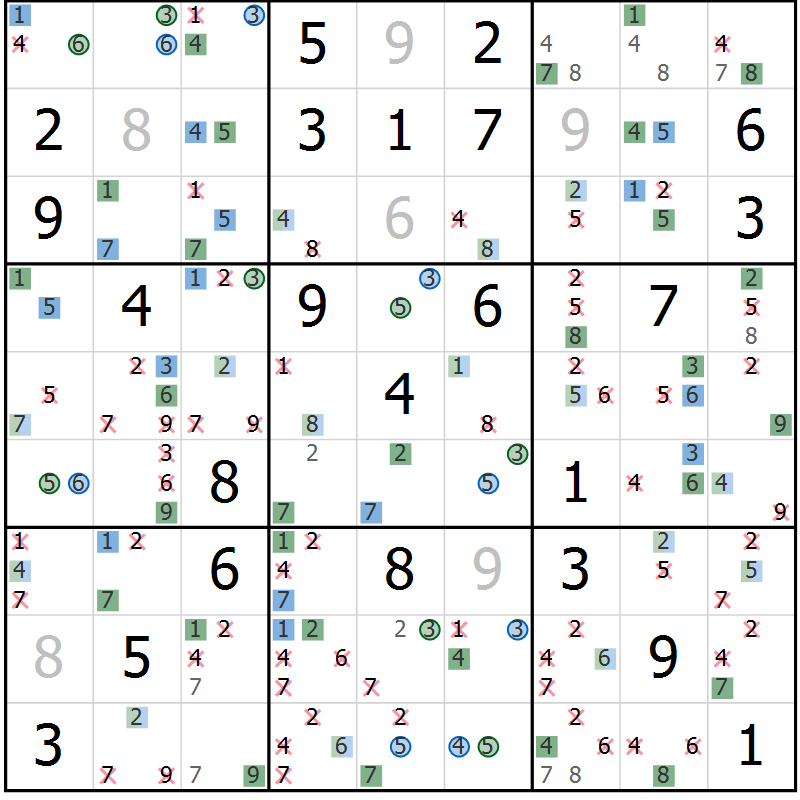 Position des candidats pour la solution de la Gr 58 page 61 du magazine de sudoku Suprême n° 030