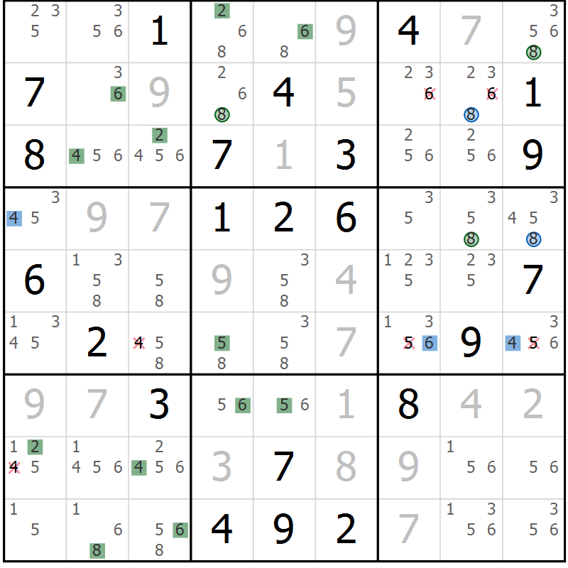 Position des candidats pour la solution de la Gr 6 page 9 du magazine de sudoku Suprême n° 030