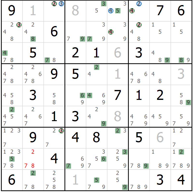 Position des candidats pour la solution de la Gr 60 page 63 du magazine de sudoku Suprême n° 030