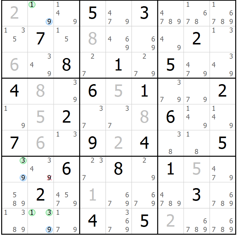 Position des candidats pour la solution de la Gr 62 page 65 du magazine de sudoku Suprême n° 030