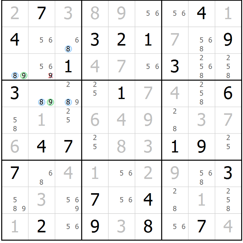 Position des candidats pour la solution de la Gr 63 page 66 du magazine de sudoku Suprême n° 030