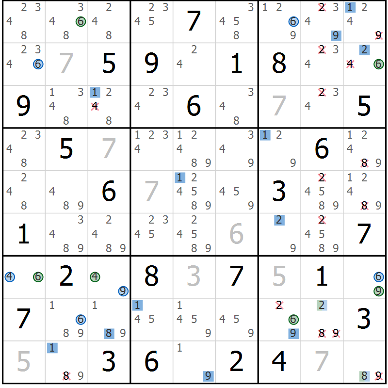 Position des candidats pour la solution de la Gr 64 page 67 du magazine de sudoku Suprême n° 030