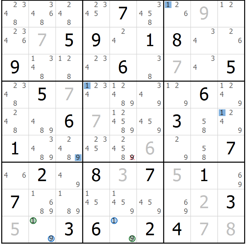 Position des candidats pour la solution de la Gr 64 page 67 du magazine de sudoku Suprême n° 030
