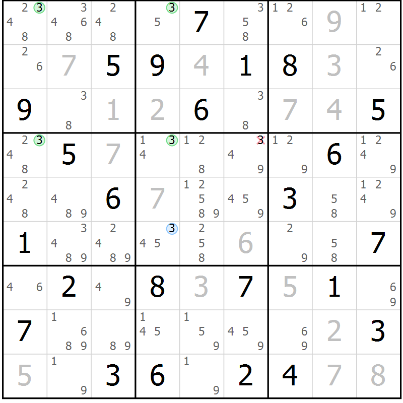 Position des candidats pour la solution de la Gr 64 page 67 du magazine de sudoku Suprême n° 030