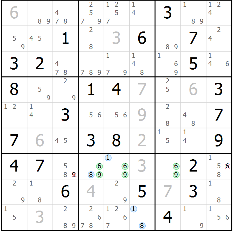 Position des candidats pour la solution de la Gr 68 page 71 du magazine de sudoku Suprême n° 030
