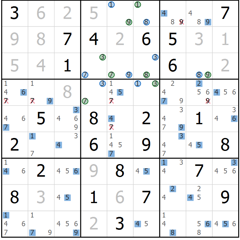 Position des candidats pour la solution de la Gr 69 page 72 du magazine de sudoku Suprême n° 030