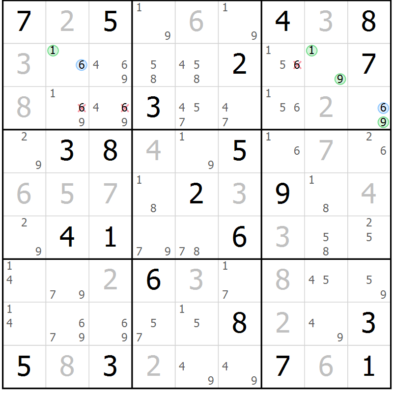Position des candidats pour la solution de la Gr 7 page 10 du magazine de sudoku Suprême n° 030