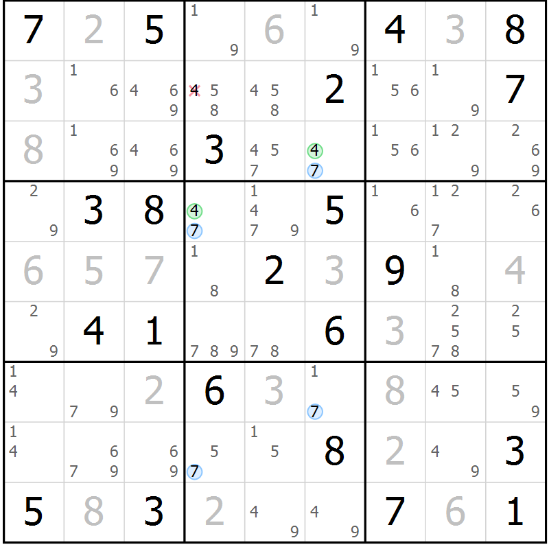 Position des candidats pour la solution de la Gr 7 page 10 du magazine de sudoku Suprême n° 030