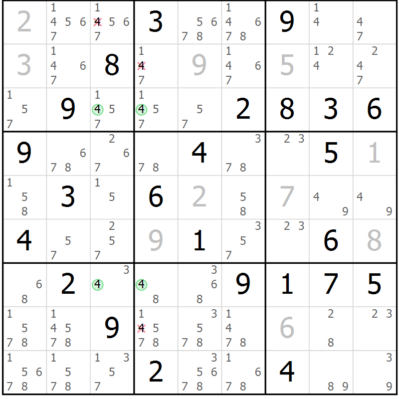 Position des candidats pour la solution de la Gr 70 page 73 du magazine de sudoku Suprême n° 030