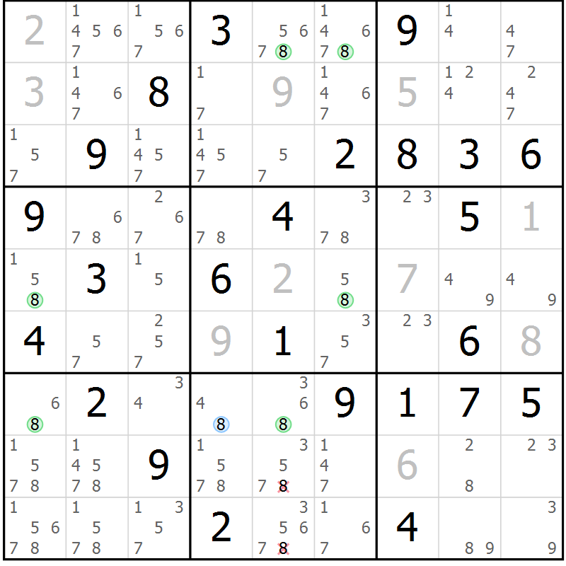 Position des candidats pour la solution de la Gr 70 page 73 du magazine de sudoku Suprême n° 030