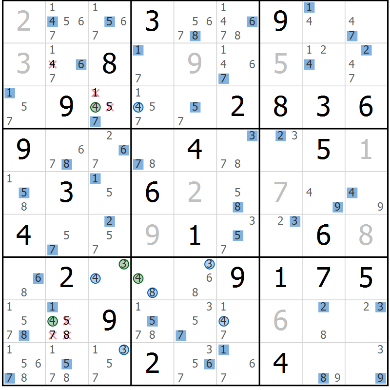 Position des candidats pour la solution de la Gr 70 page 73 du magazine de sudoku Suprême n° 030