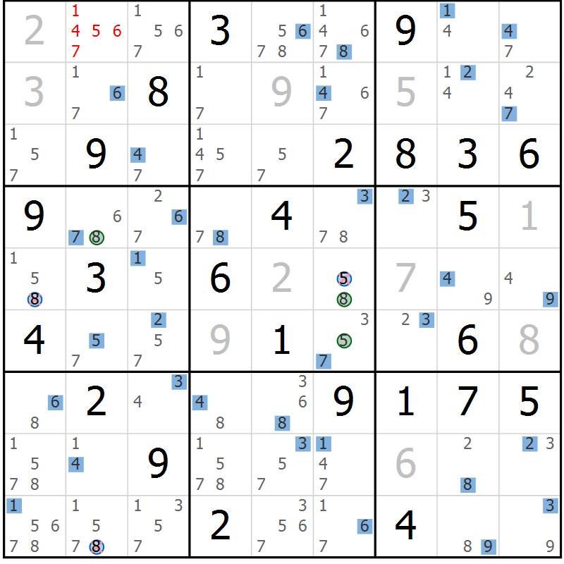 Position des candidats pour la solution de la Gr 70 page 73 du magazine de sudoku Suprême n° 030