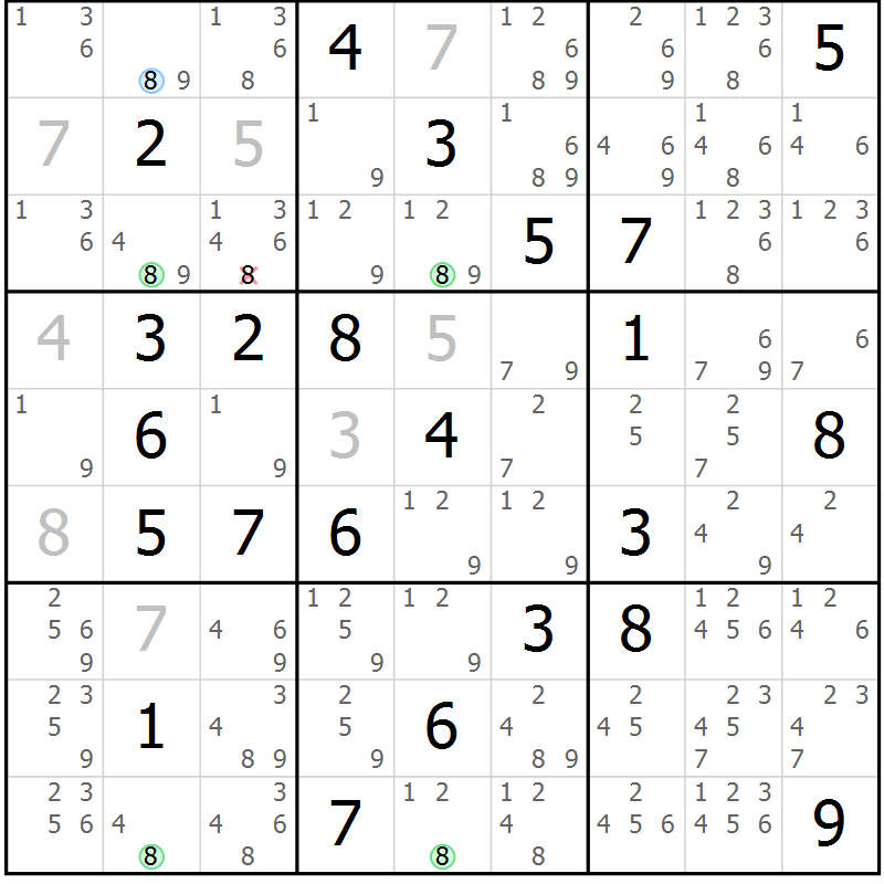 Position des candidats pour la solution de la Gr 72 page 75 du magazine de sudoku Suprême n° 030