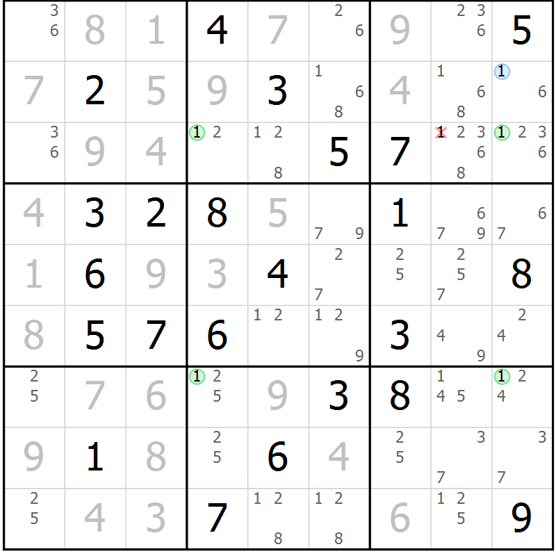 Position des candidats pour la solution de la Gr 72 page 75 du magazine de sudoku Suprême n° 030