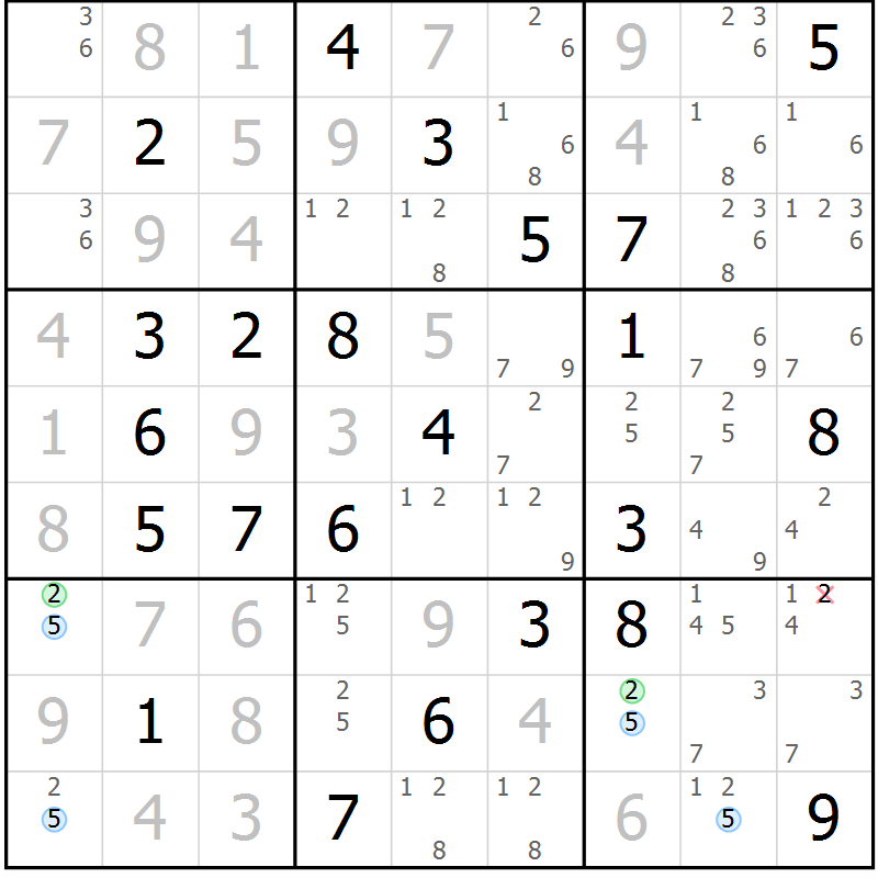 Position des candidats pour la solution de la Gr 72 page 75 du magazine de sudoku Suprême n° 030